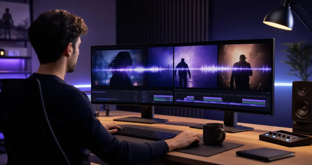 Short video creator adding a seed audio 1.0 voiceover to a vertical clip