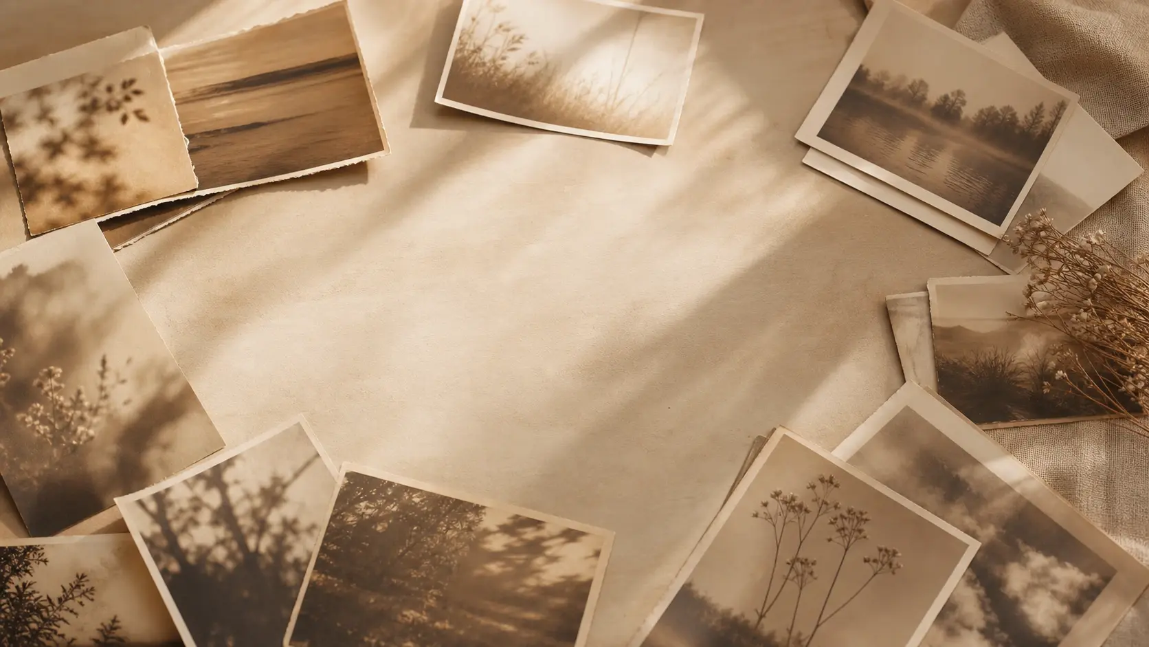 A wide table of warm brown sepia prints spread out under soft window light