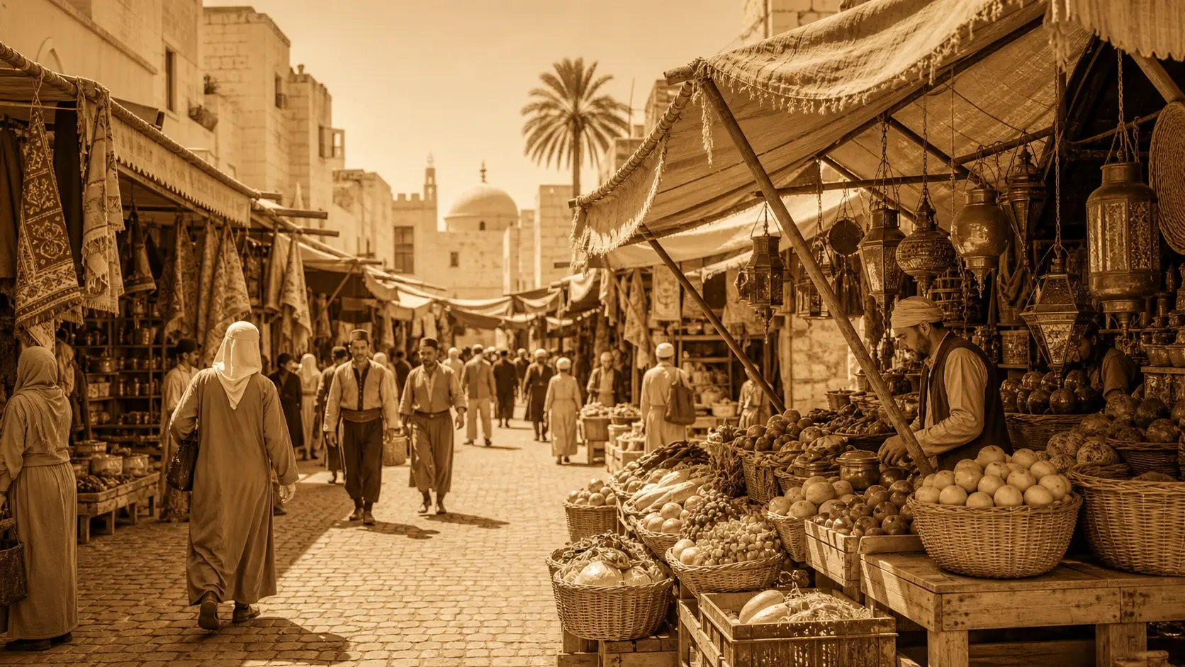 A sepia toned street scene where every edge and texture stays crisp under the brown cast