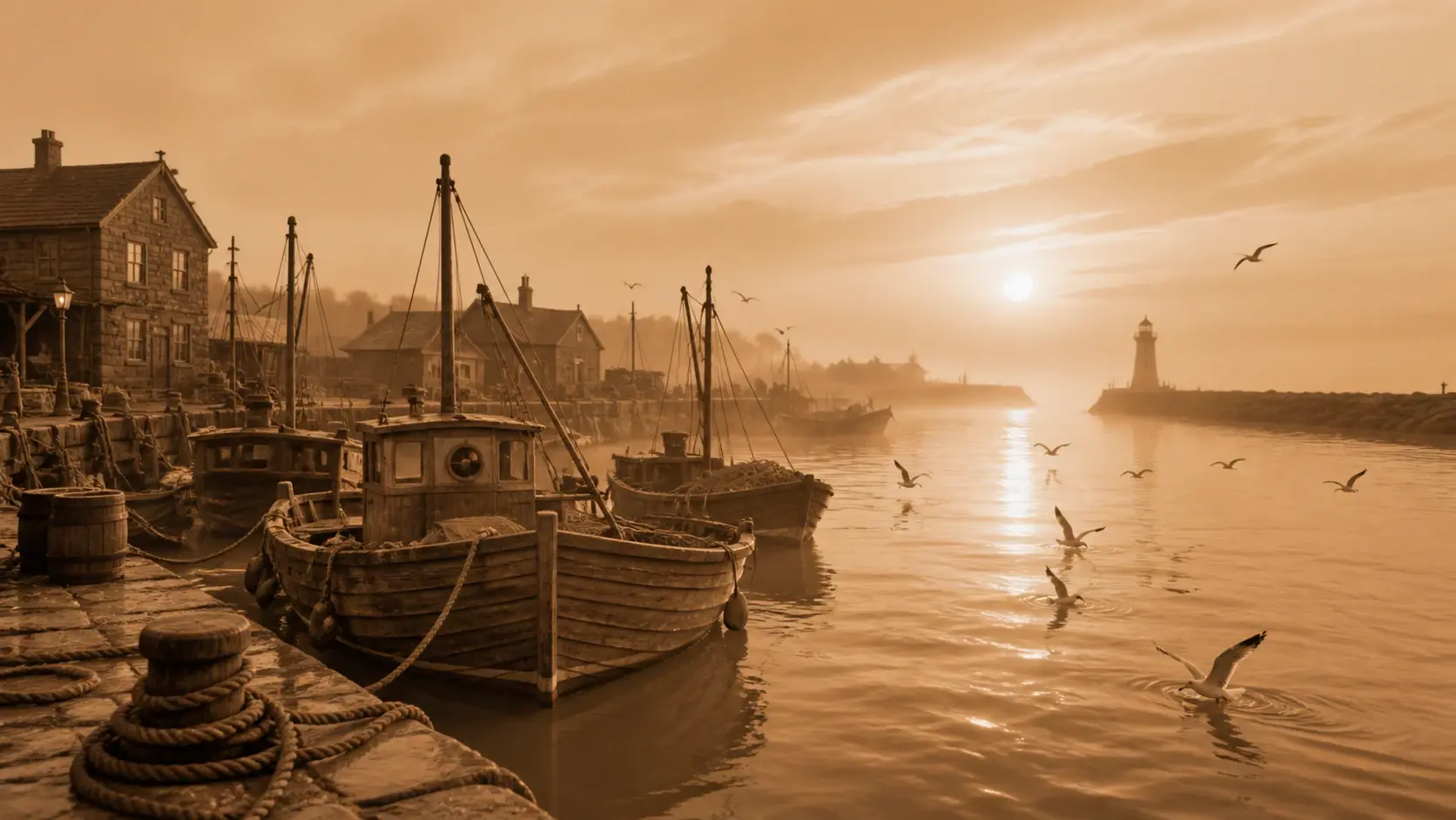 A harbour at dawn rendered from scratch entirely in warm sepia browns with no source photo