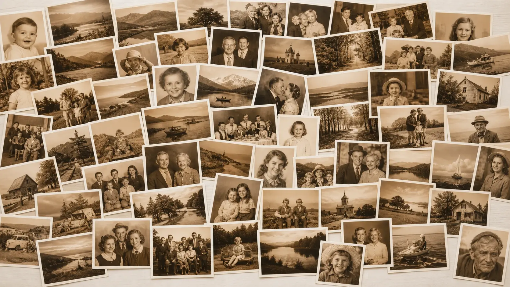 A wide spread of sepia prints laid across a table, every one sharing an identical brown tone