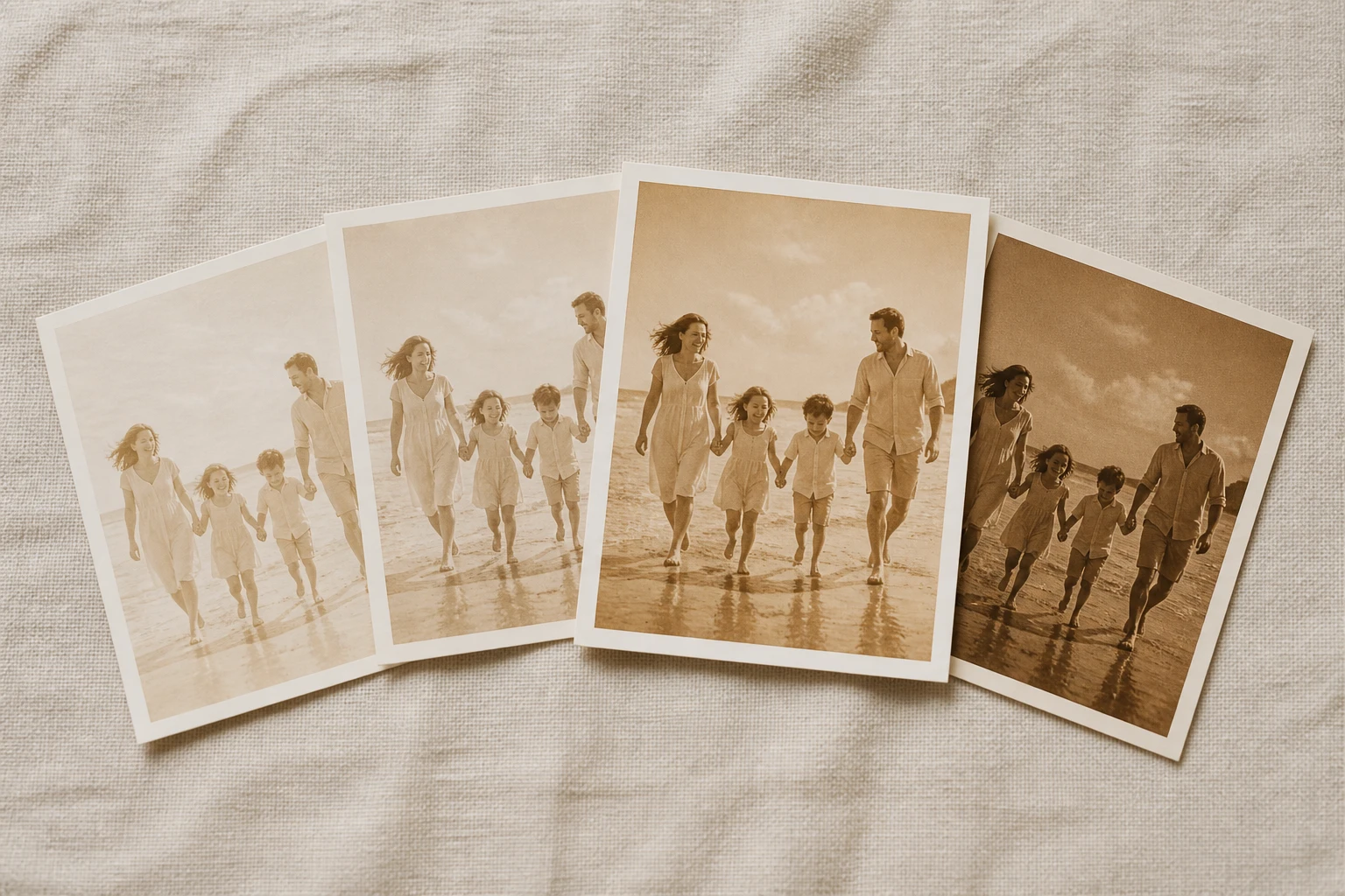 Four finished sepia versions of the family snapshot laid out together for comparison