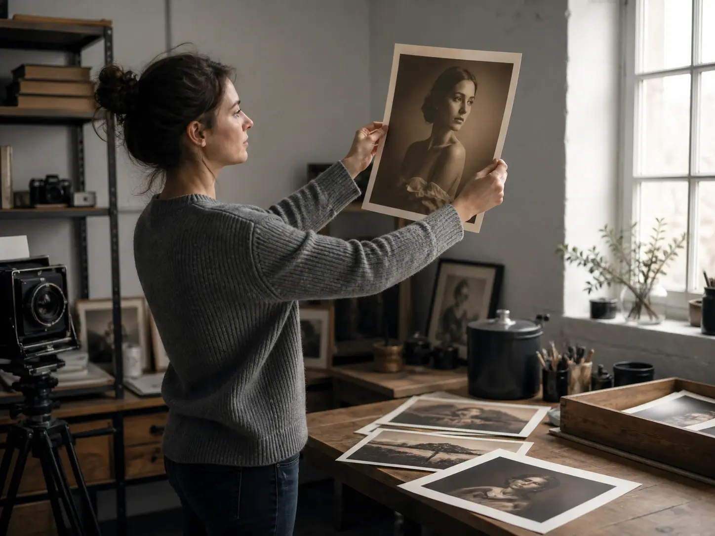 A freelance photographer at a studio table studying a sepia toned portrait print