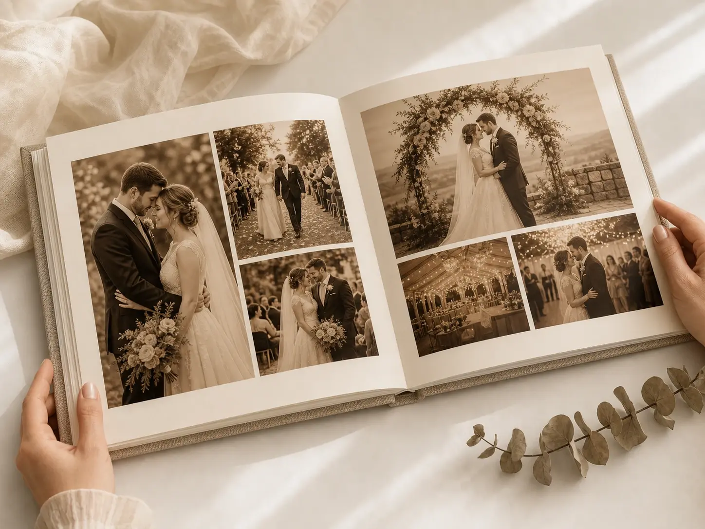 An open wedding album spread where every sepia toned photo shares one warm brown tone