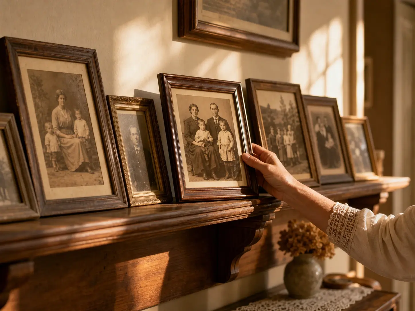 A new sepia family photo standing beside older brown prints on a wooden shelf