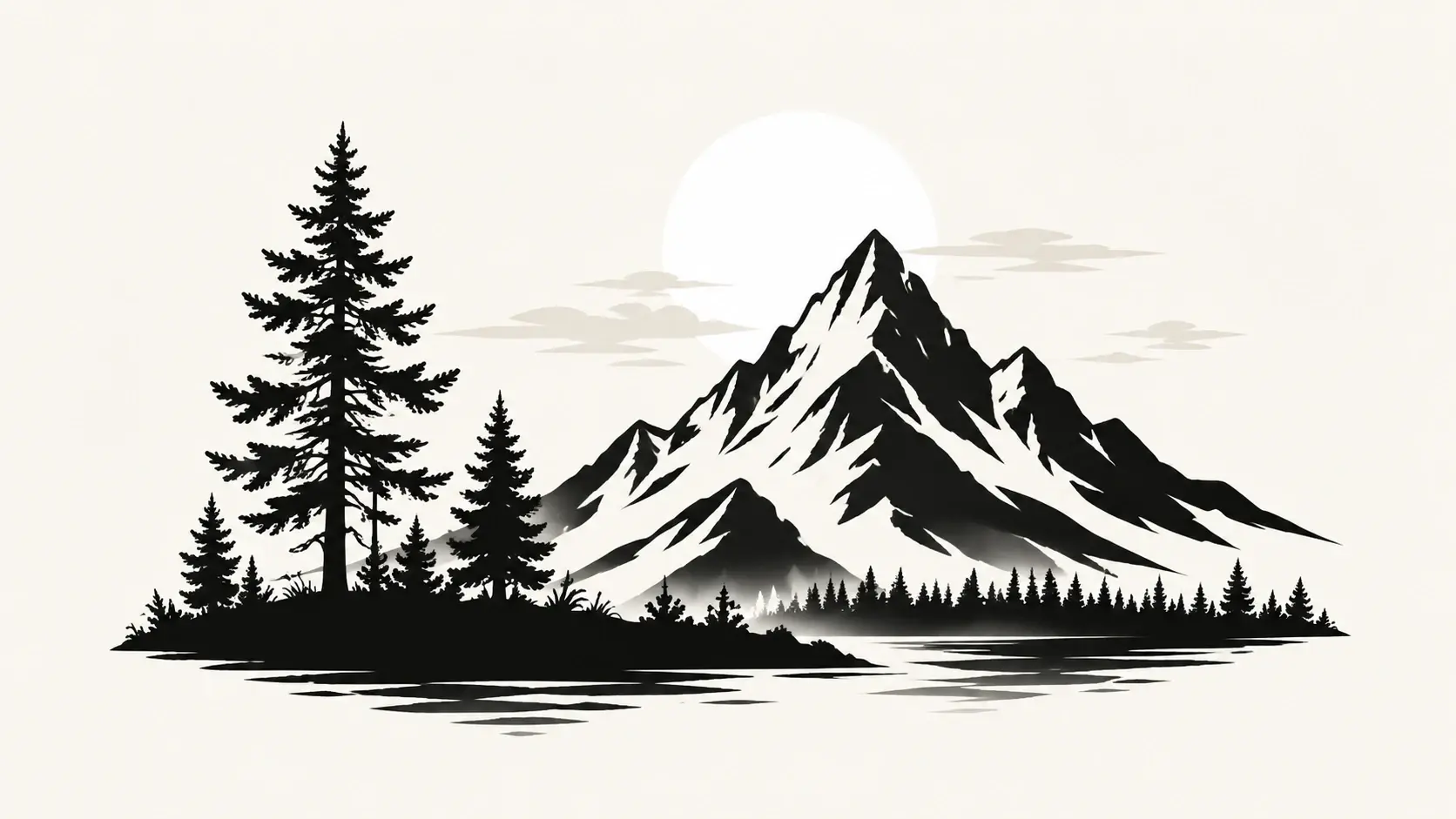 A silhouette style artwork of a mountain and tree scene generated from a text prompt