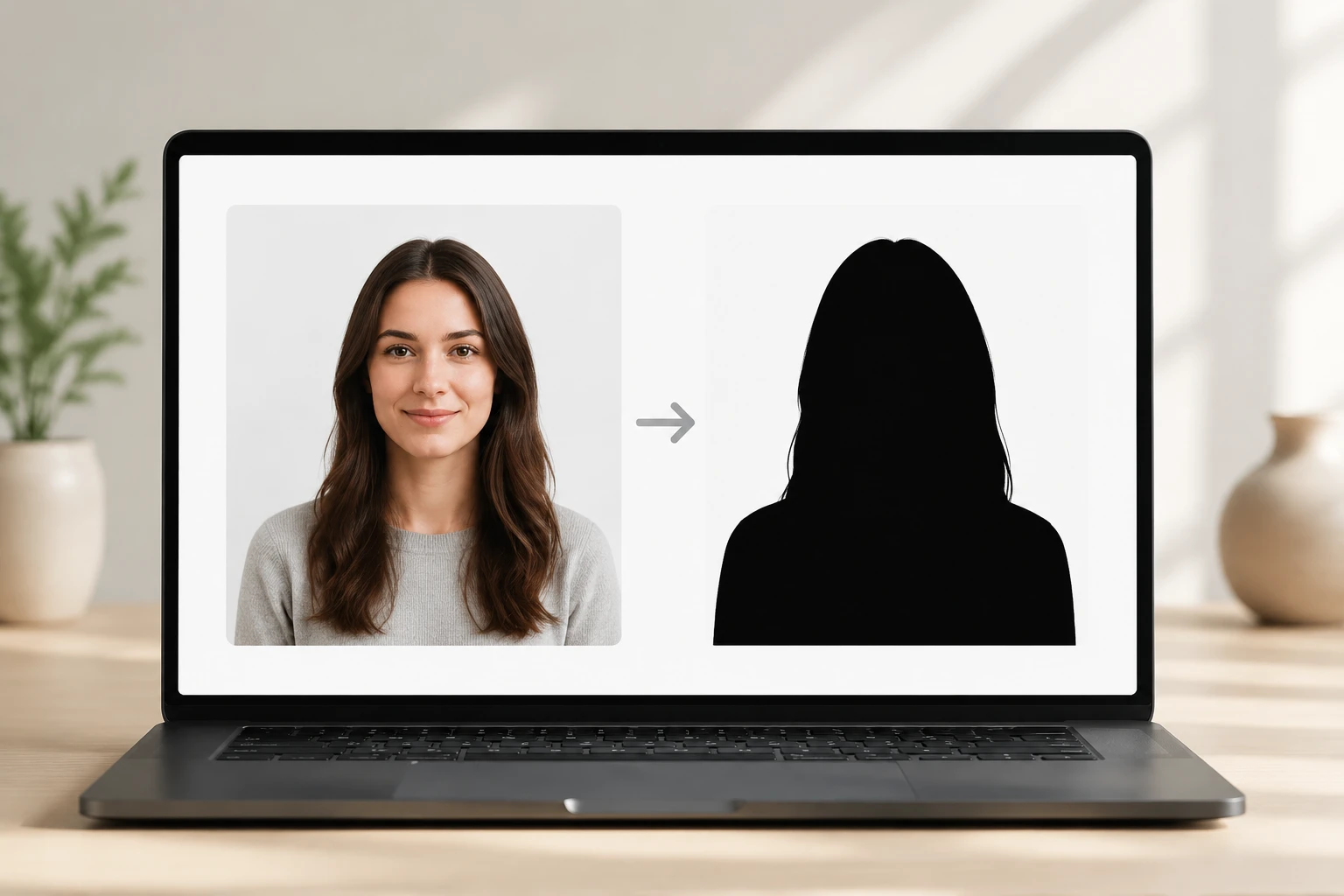 VideoAI converting a portrait photo into a solid black silhouette with clean edges on screen