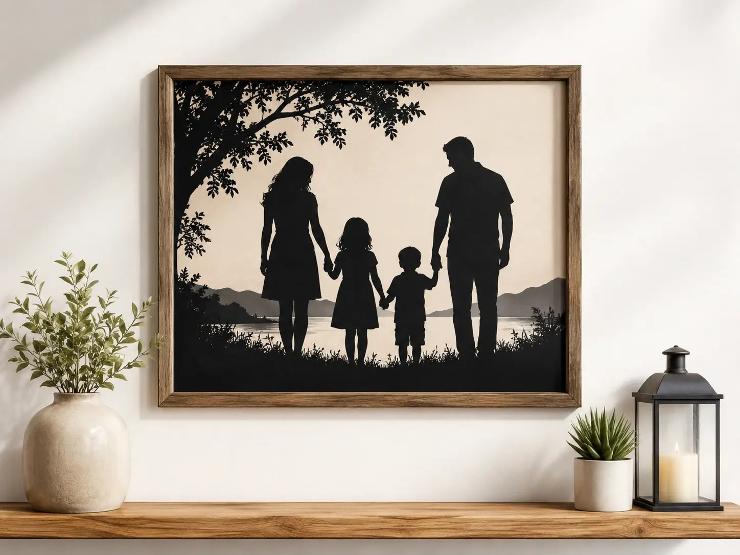 A framed wall art print of a family silhouette used as decor above a small shelf