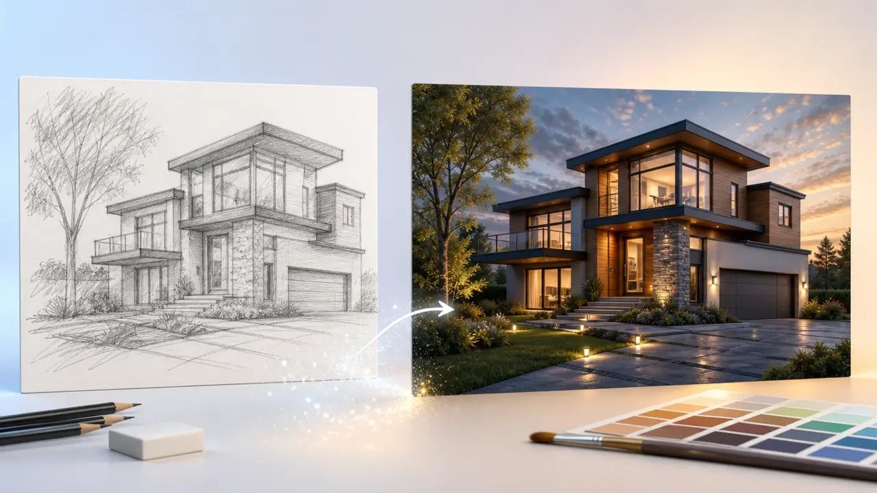 Hand drawn pencil sketch on the left and its full color VideoAI result on the right