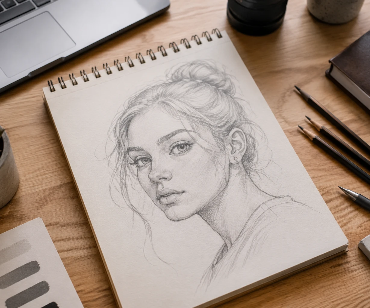 Add a JPG or PNG of your pencil sketch, line art, or hand drawn draft. The outline and lines only need to read clearly, so a quick phone scan of a notebook page works fine.