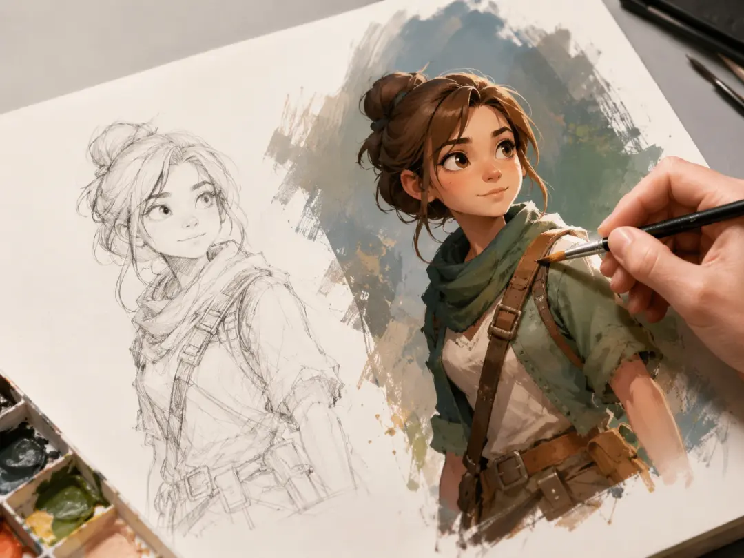 Illustrator turning a rough character pencil sketch into a shaded color concept piece