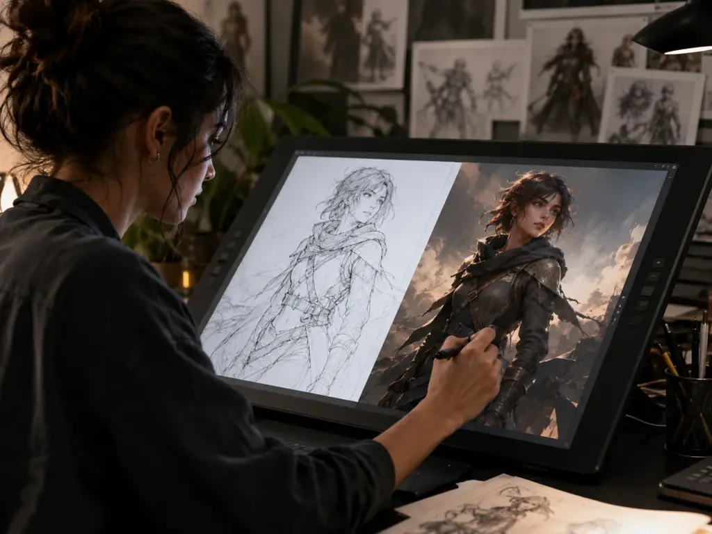 Illustrator turning a rough character pencil sketch into a shaded color concept piece