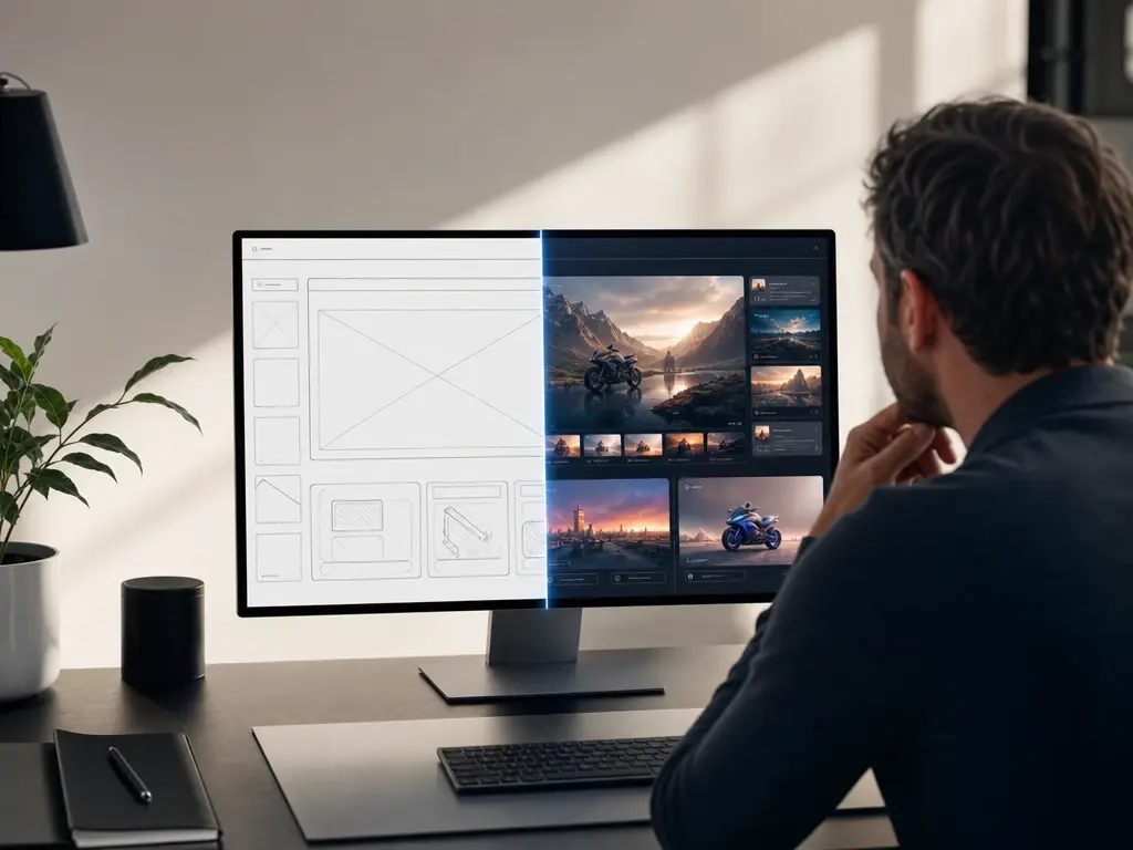 Product designer previewing a line art wireframe rendered into a polished product visual