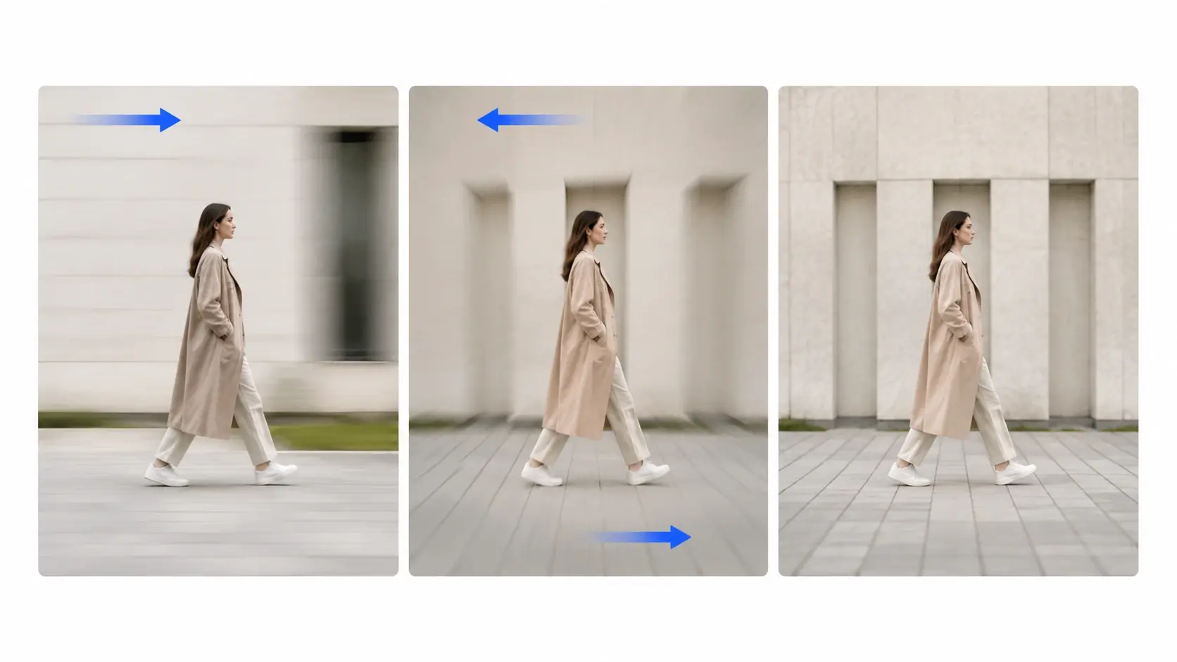 Same subject shown with pan, dolly zoom, and static camera motions