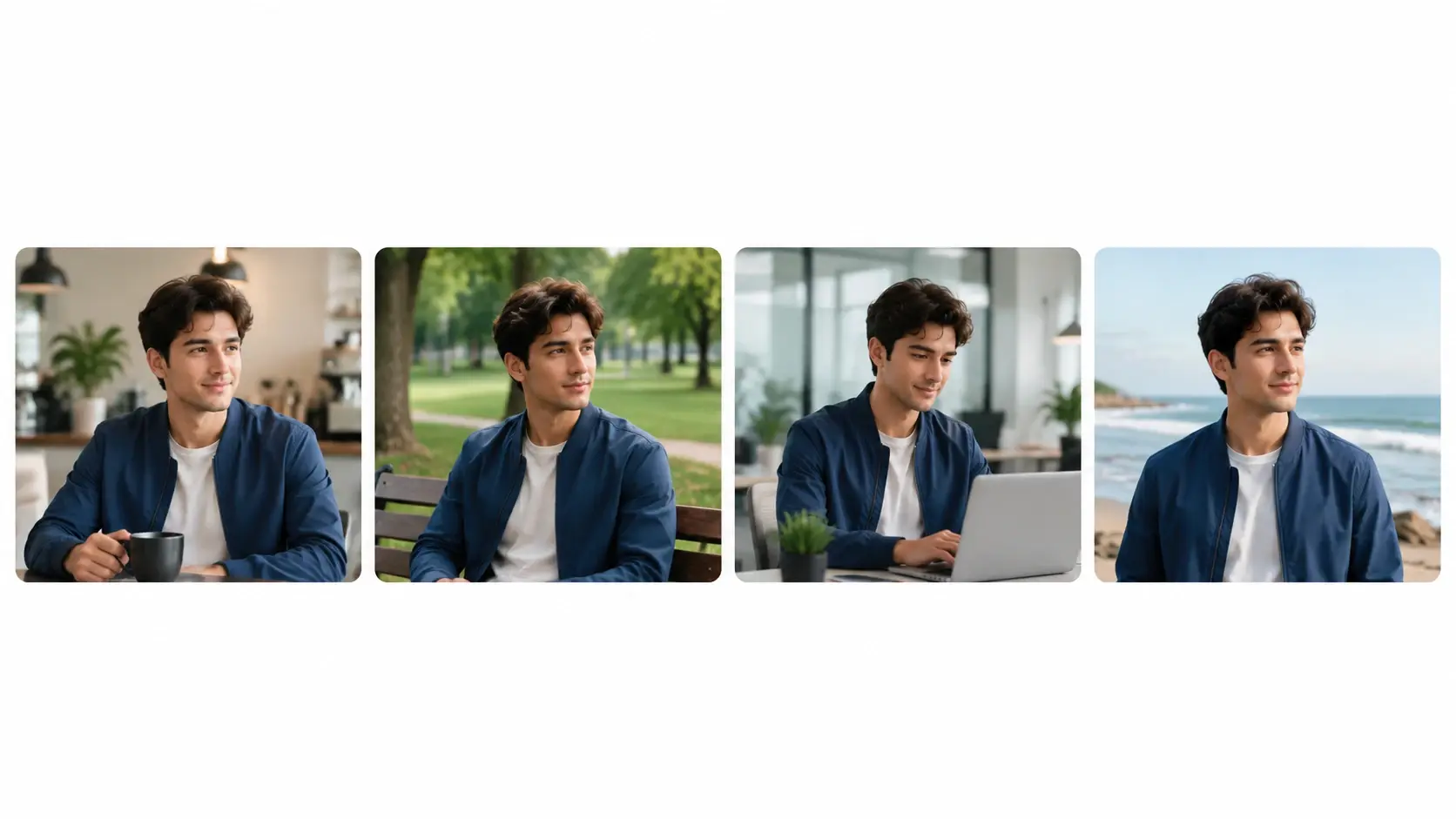 Same character appearing consistently across four different scenes