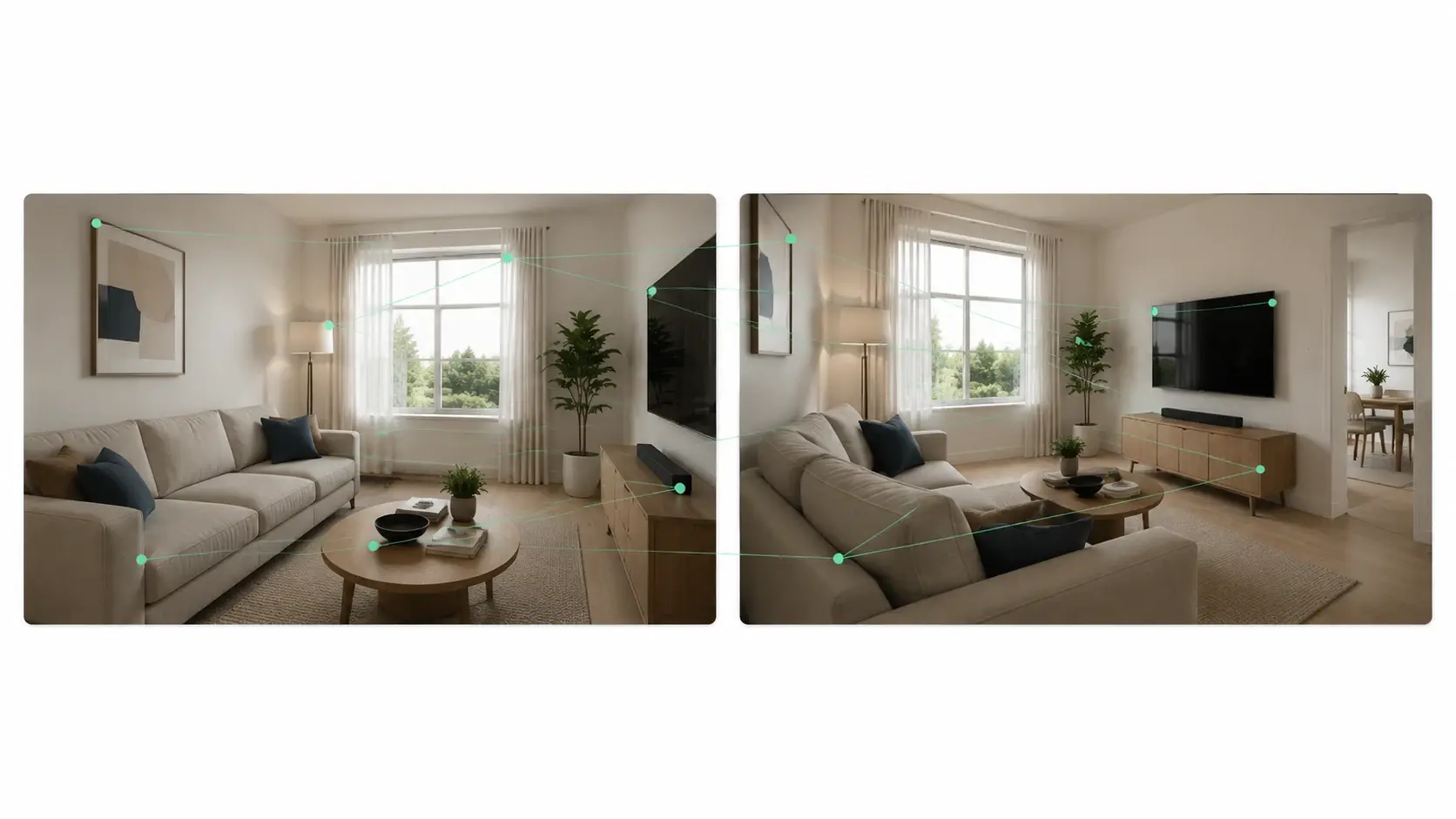 Two consecutive frames showing scene continuity with matched lighting