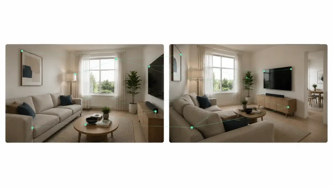 Two consecutive frames showing scene continuity with matched lighting