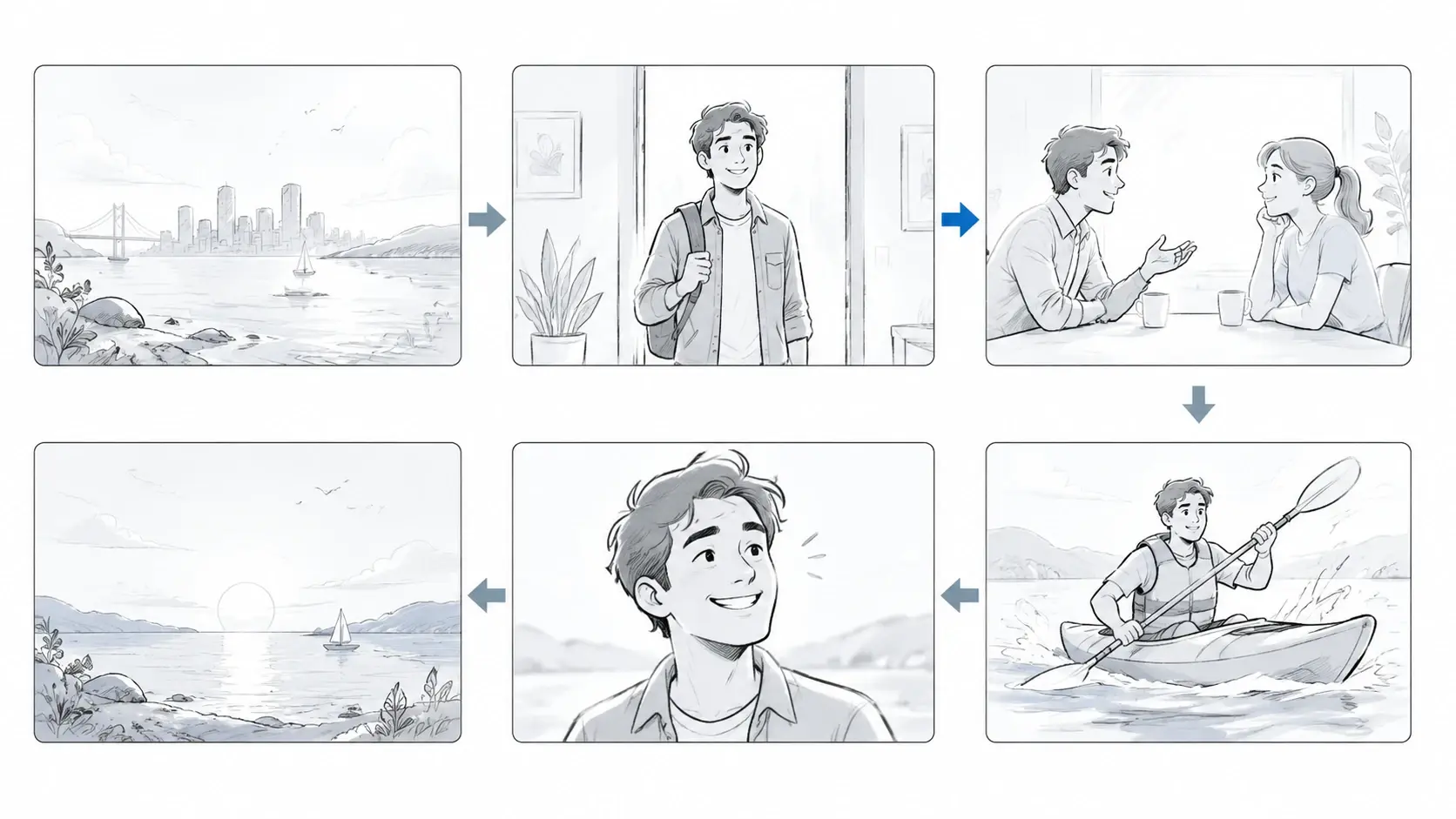 AI-generated storyboard grid with six planned video frames