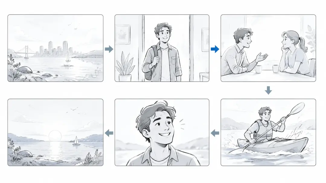 AI-generated storyboard grid with six planned video frames