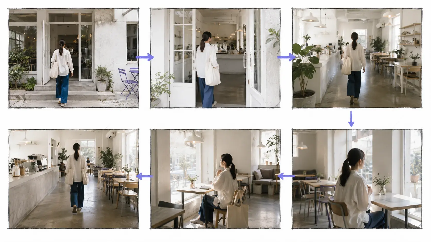 カフェ入口から客席まで移動する店舗紹介の絵コンテ