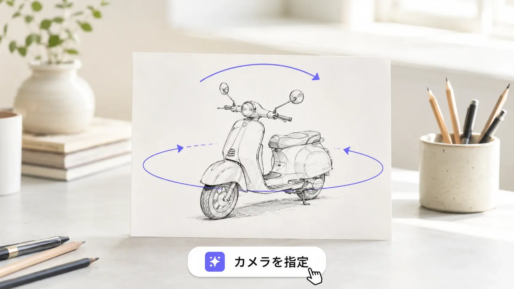 パンと回り込みのカメラ動きを示した絵コンテのカット