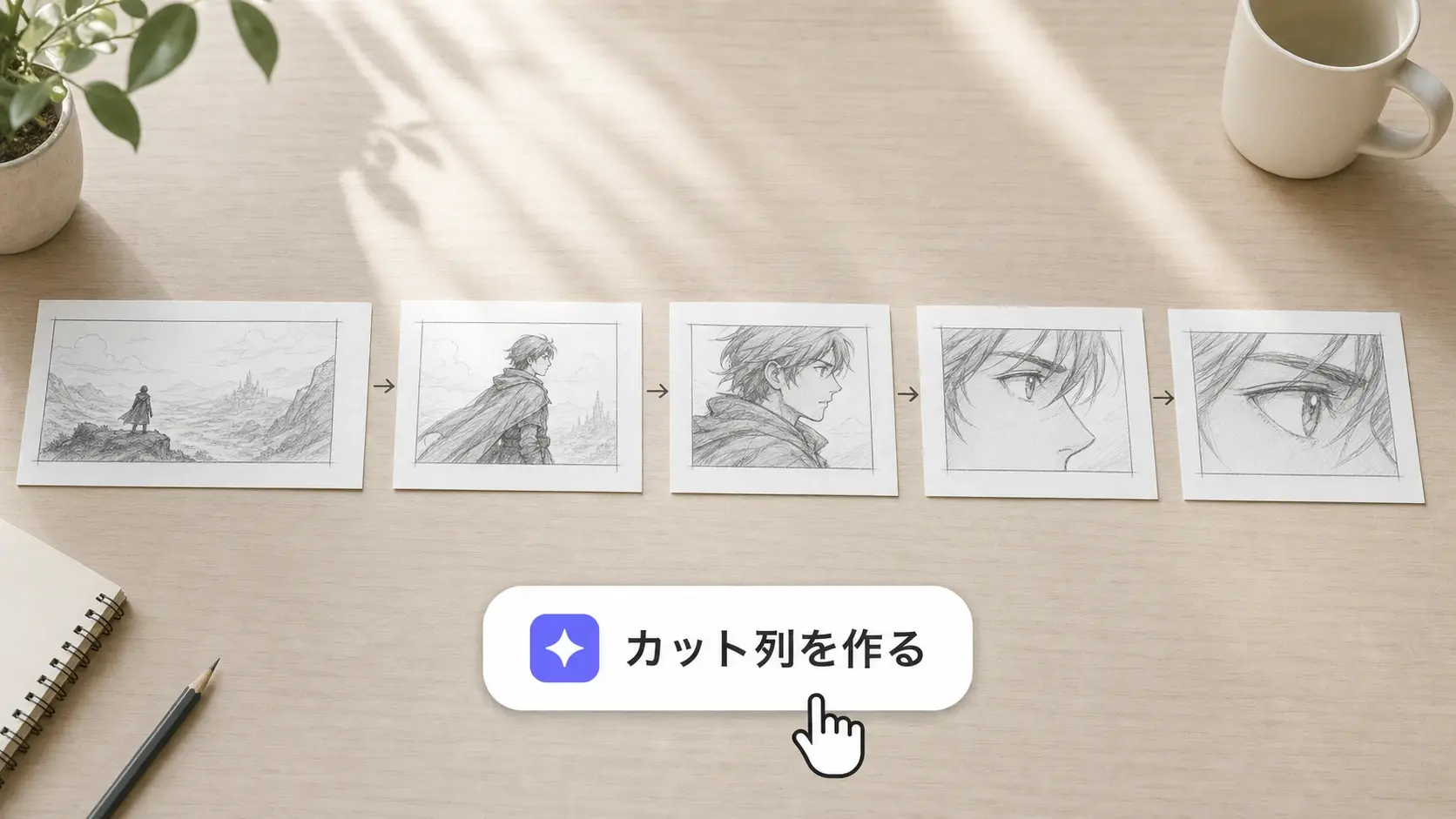 ロングから寄りまでカット列を並べた絵コンテの構成