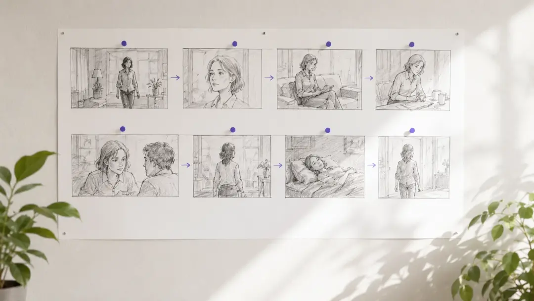 登場人物と場面が順に並ぶ絵コンテの物語ボード