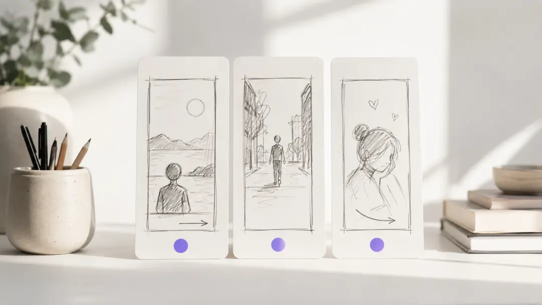 縦型ショート向けに三つの短いカットを並べた絵コンテ