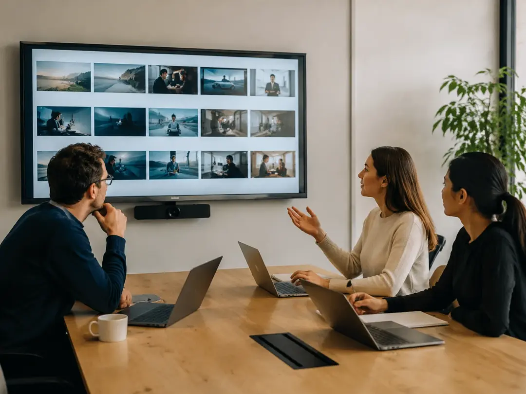 Brand content team reviewing video storyboards in meeting room