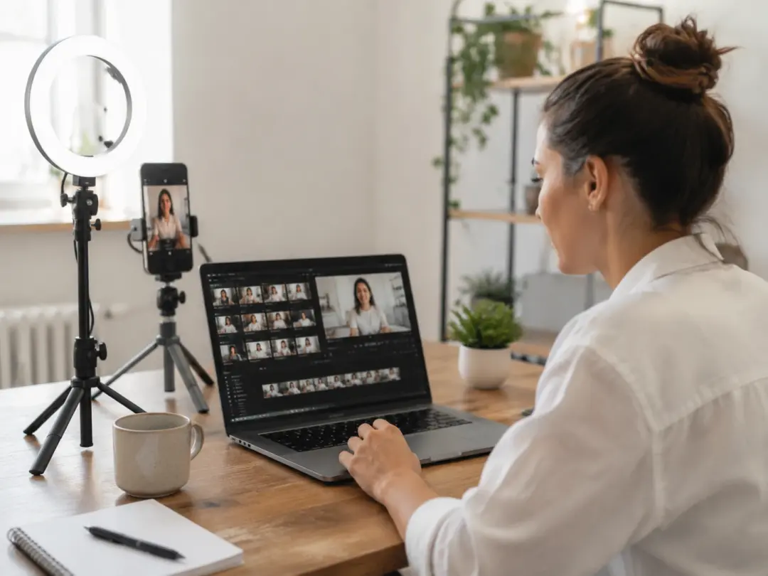Short-form video creator reviewing multi-shot sequence on laptop