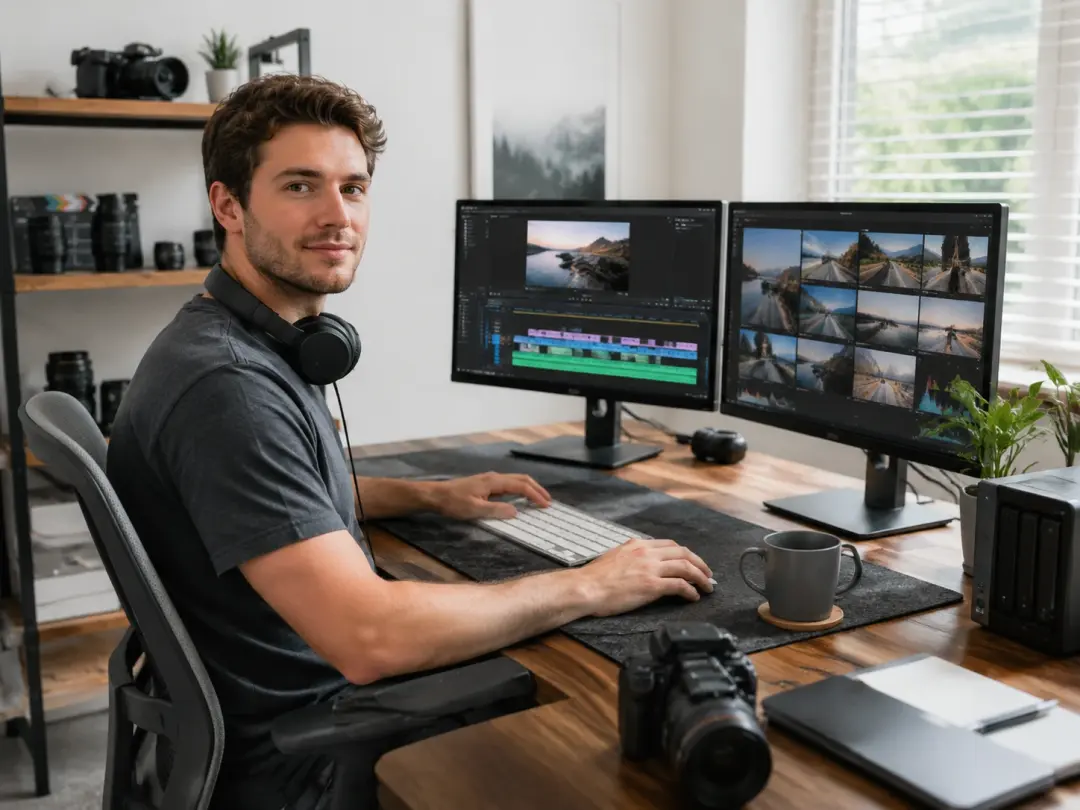 Freelance video producer at home studio with dual monitors