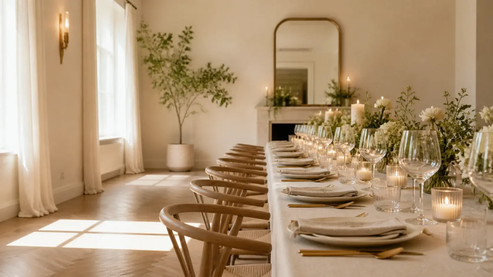 A wide table of glassware catching scattered points of warm light across a bright room