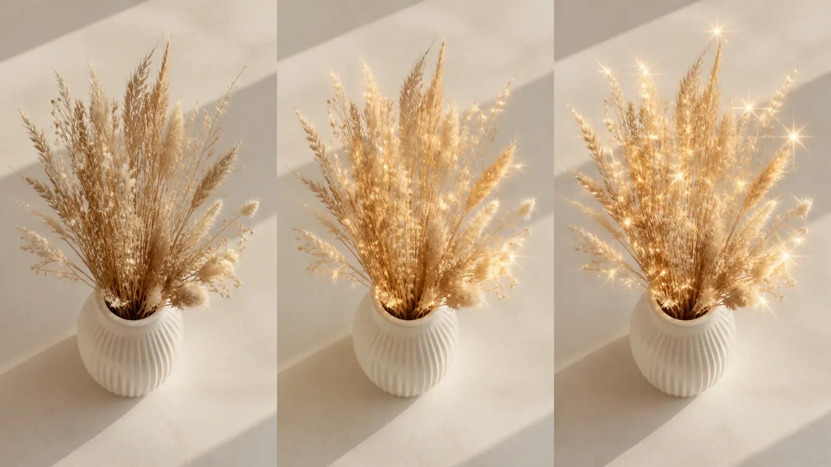 Three photos of the same vase of dried grasses each carrying a different character of shimmer