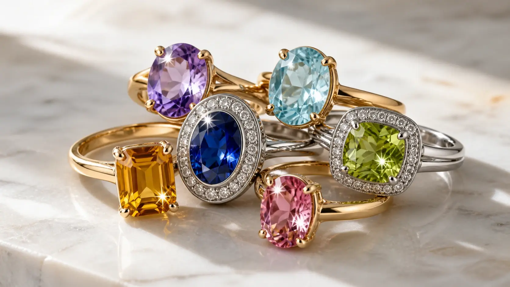 A cluster of gemstone rings on marble with each faceted stone throwing a crisp star of light