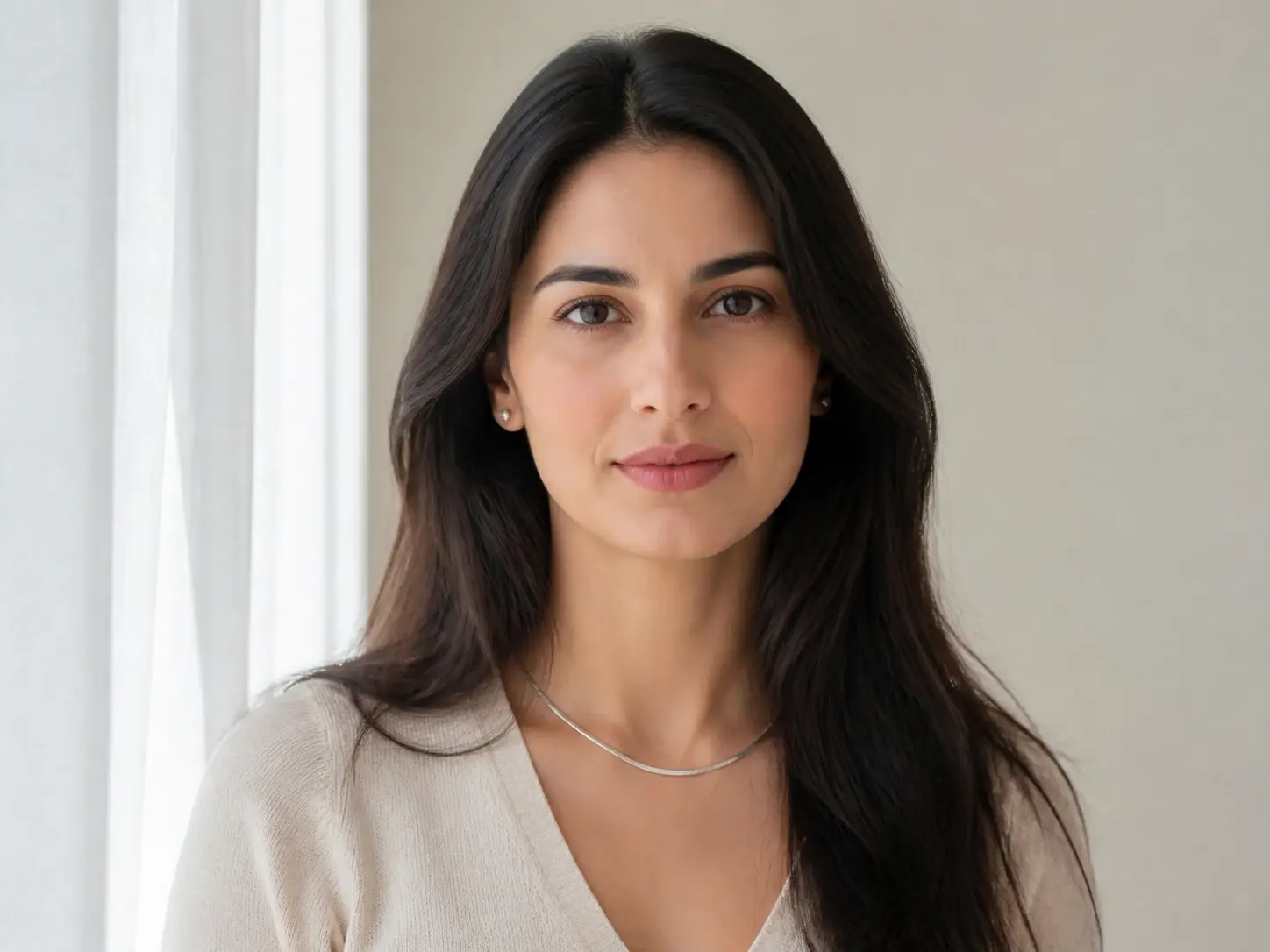A portrait in soft window light with flat, unlit hair and plain jewelry before any sparkle