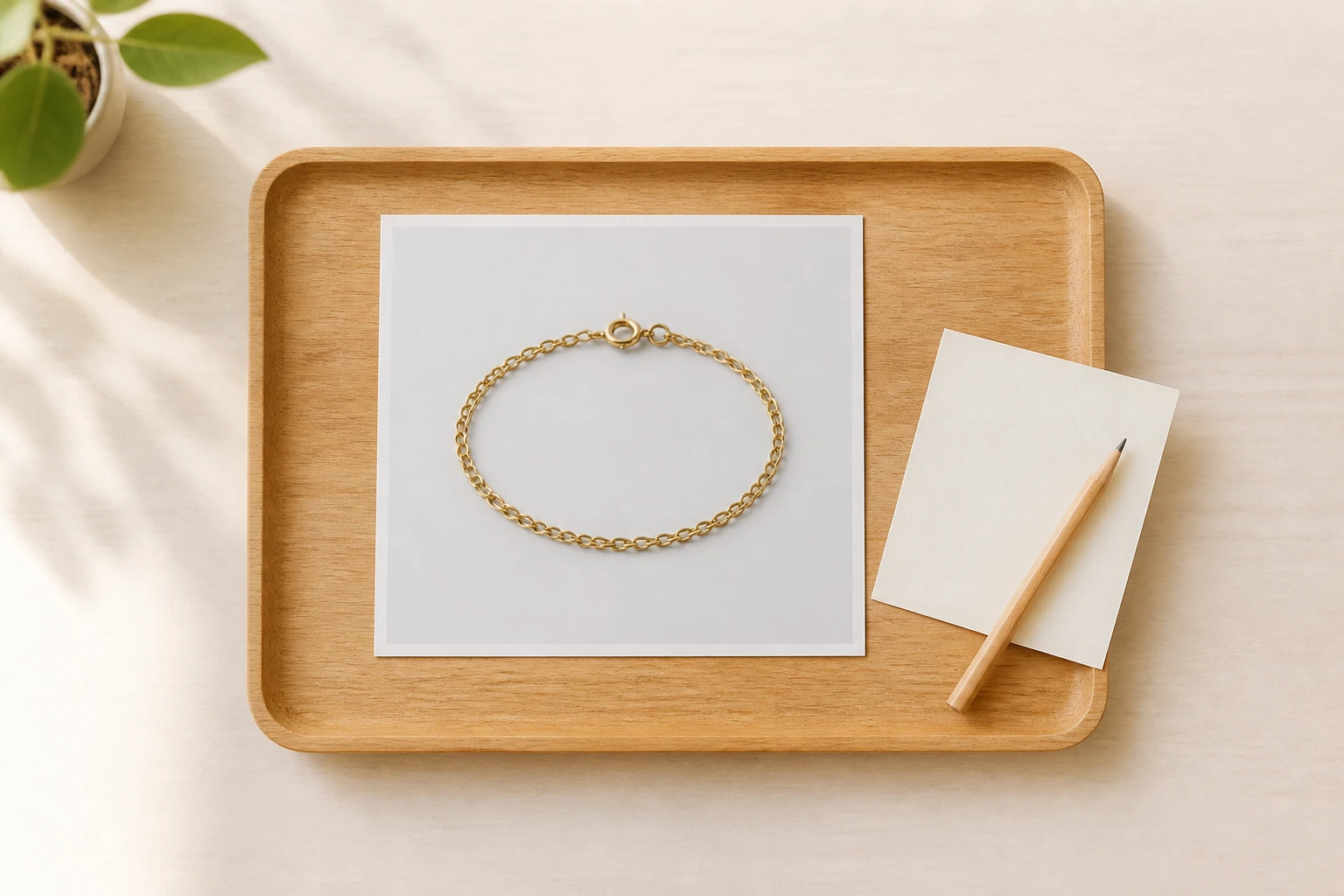 One plain print of a bracelet on a wooden tray lying alone on a clean pale desk