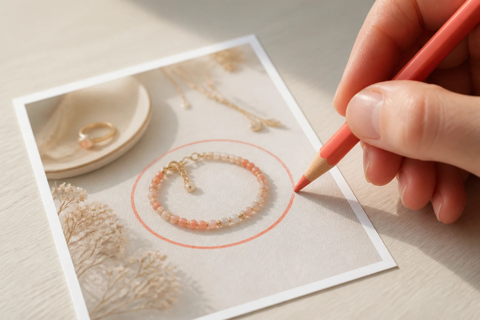 A hand drawing a soft coloured pencil circle around the bracelet within the print