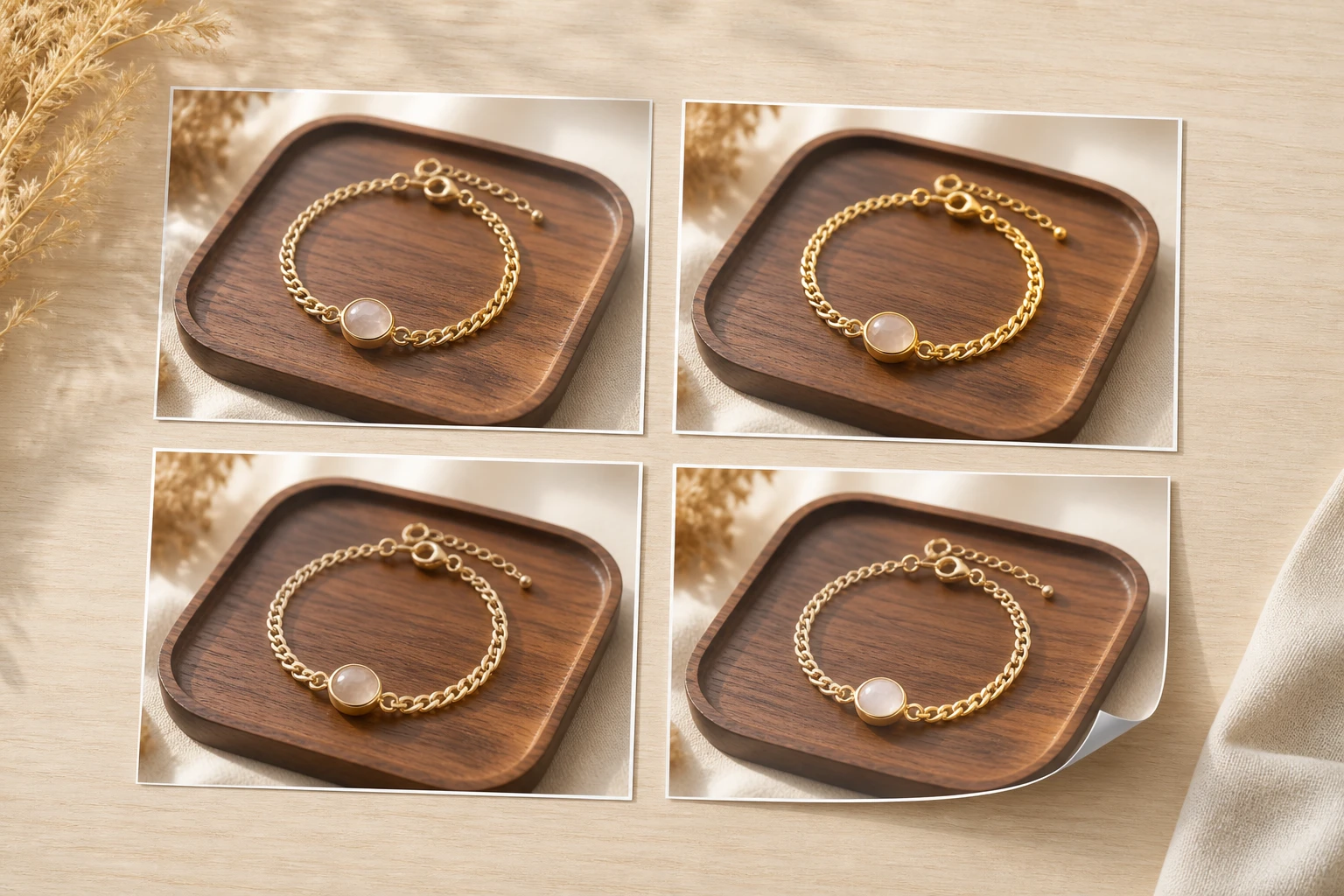 Four prints of the same bracelet each showing a different weight of shimmer along the metal