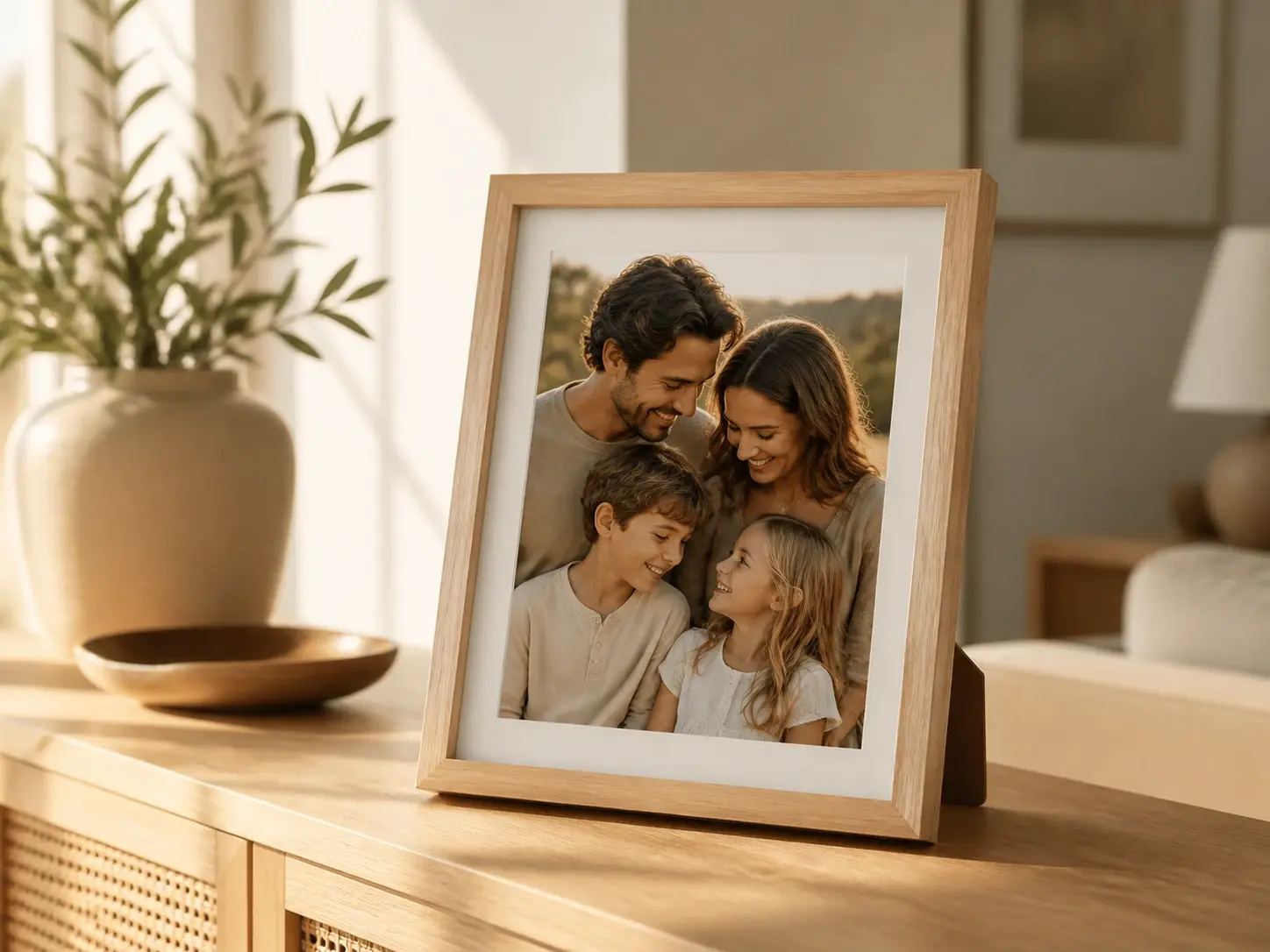 A framed family photo on a sunlit sideboard with only the faintest points of light added