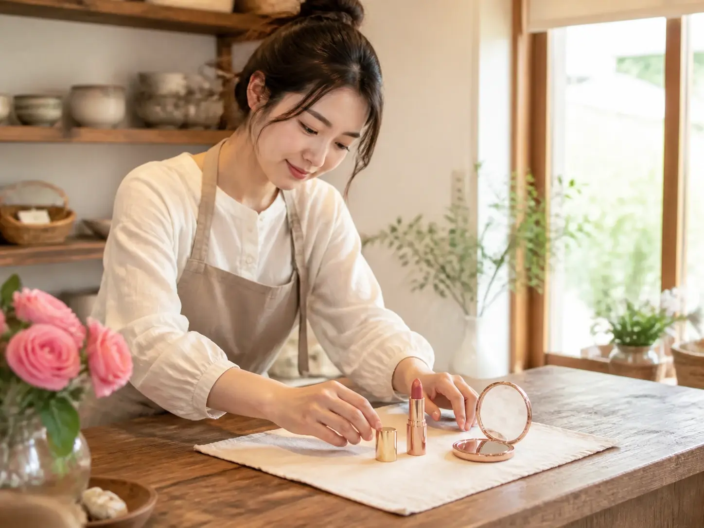 A shop owner arranging a lipstick and compact on linen with one clean catchlight on the cap