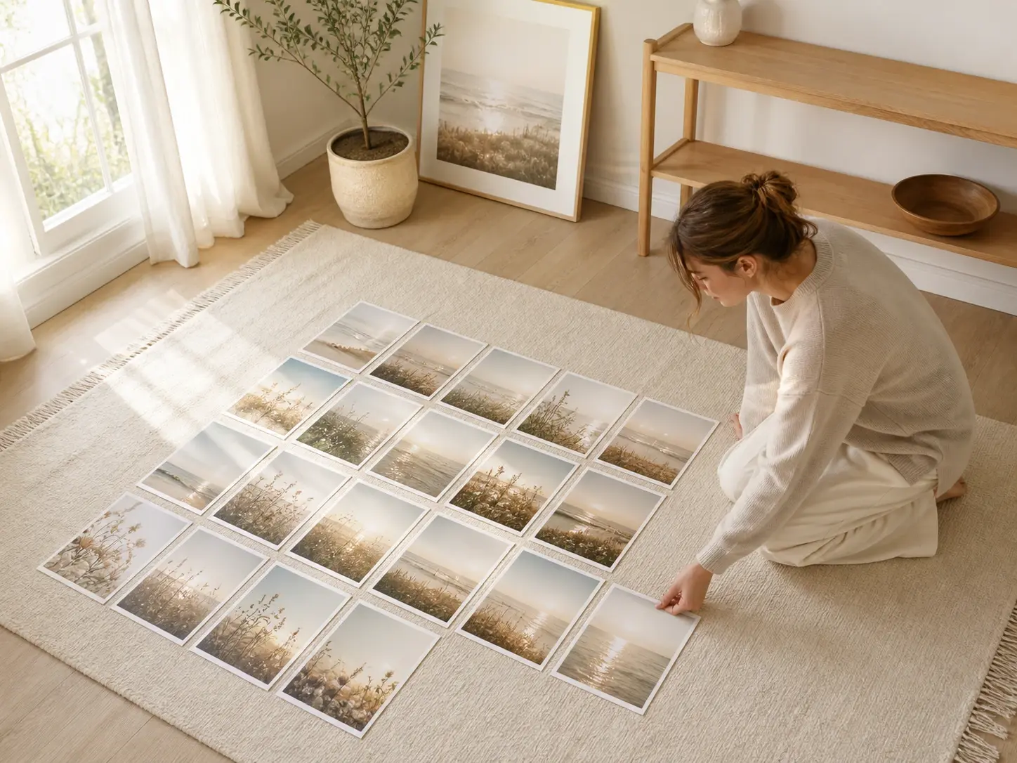 A creator reviewing a set of social posts with a matching sparkle look