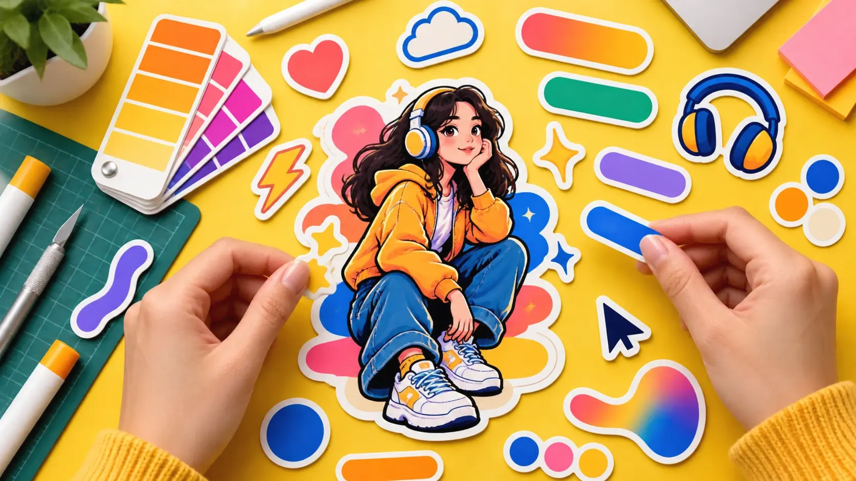 Sticker editor showing text, font, icon, color, and layout adjustments