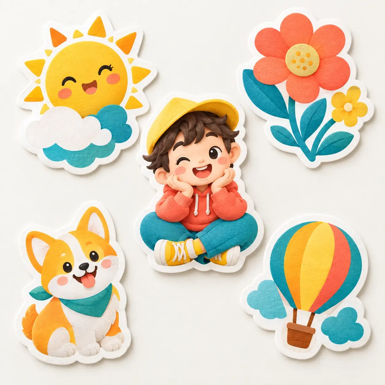 Editable sticker designs shown with prompts, colors, icons, and clean PNG exports
