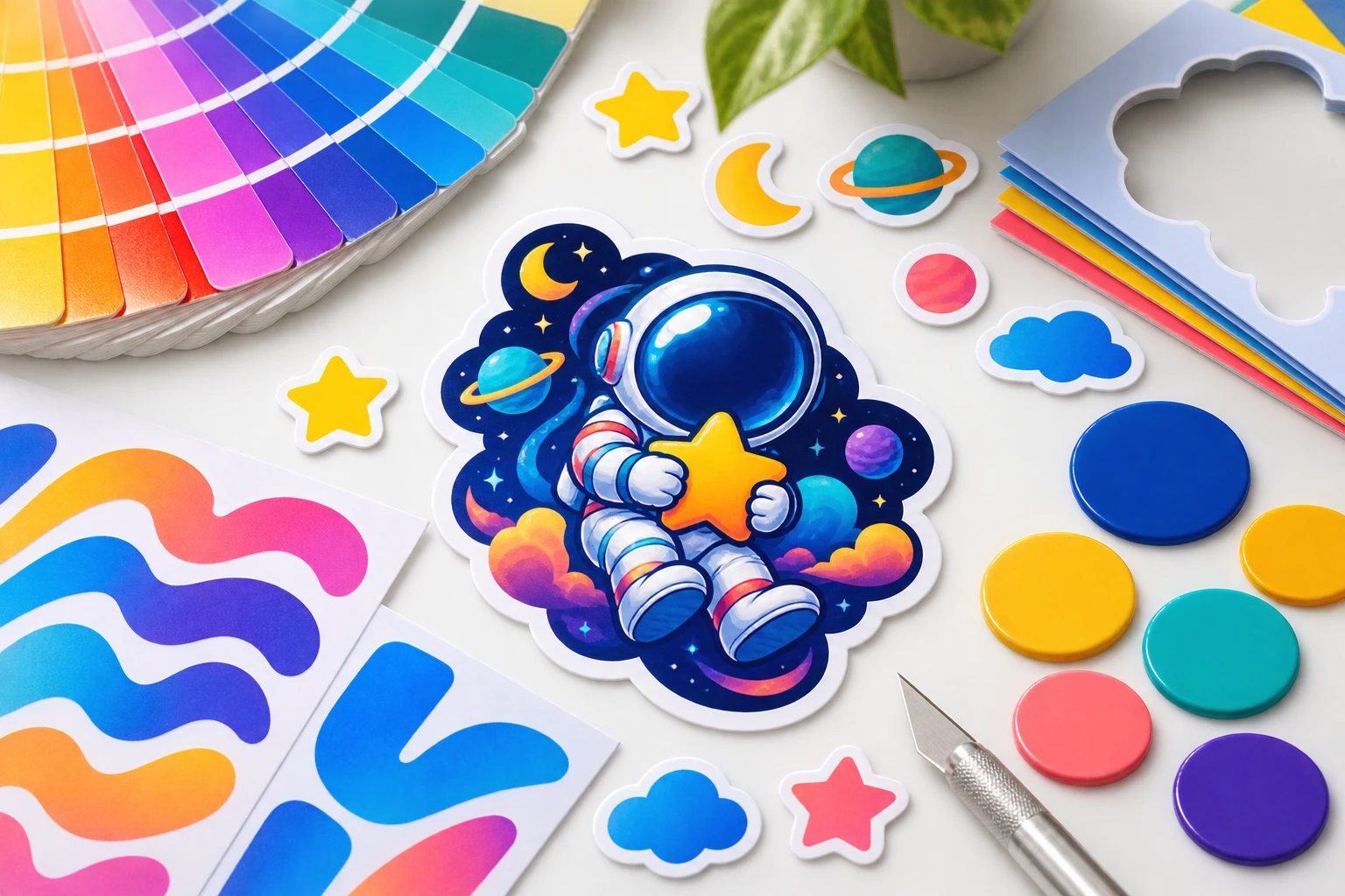 Visual editor with sticker text, fonts, colors, icons, and PNG download