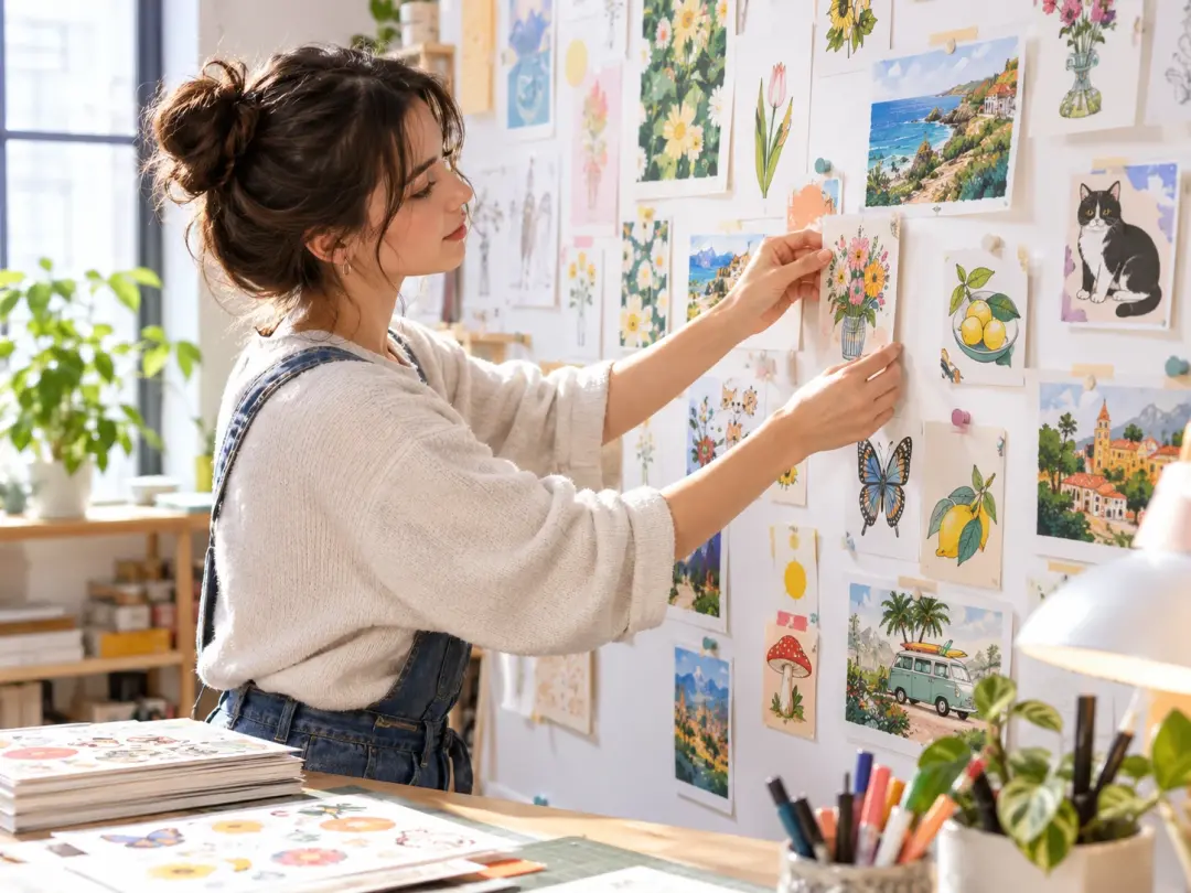 Creator reviewing editable sticker drafts with wording, color, and layout controls