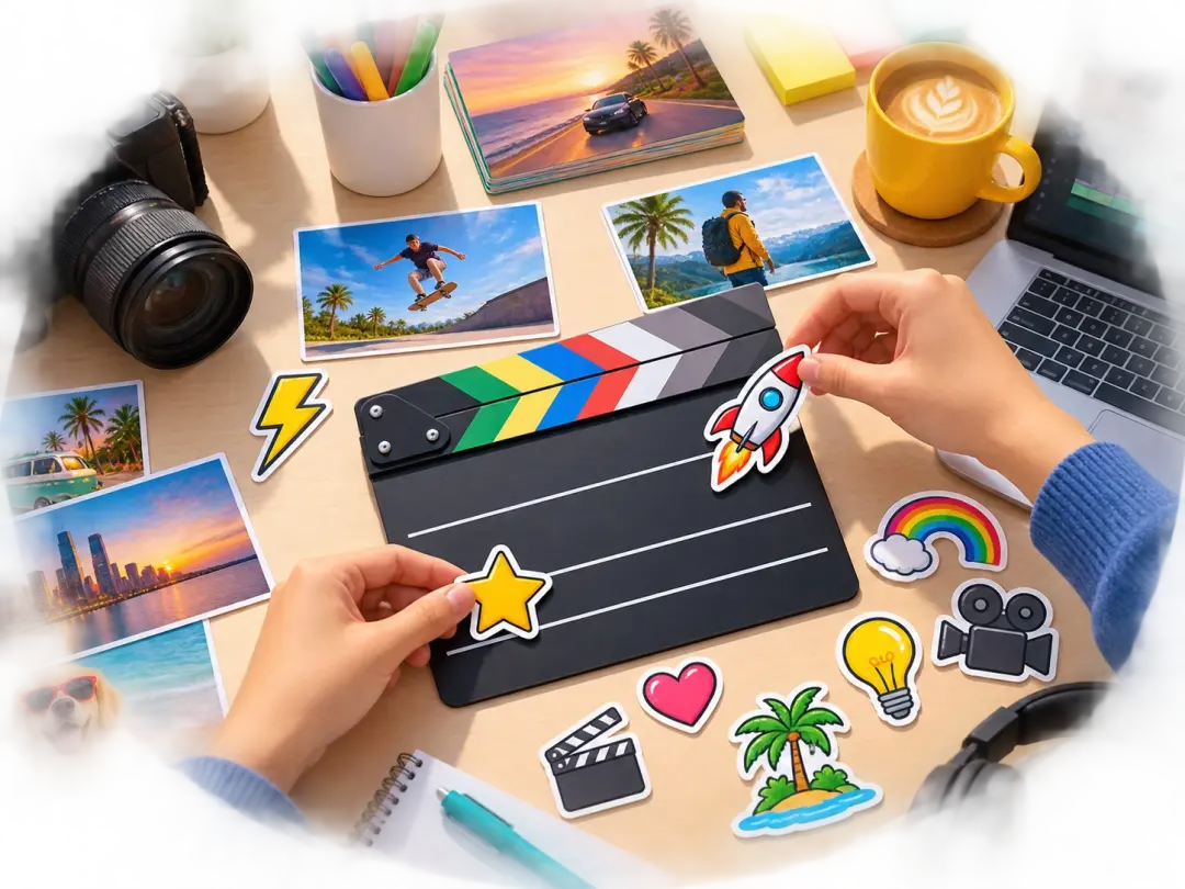 Transparent sticker elements prepared for video intros, labels, and scene accents