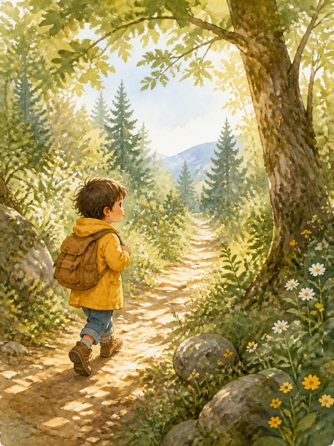 Illustrated story scene of a young explorer setting off along a forest trail