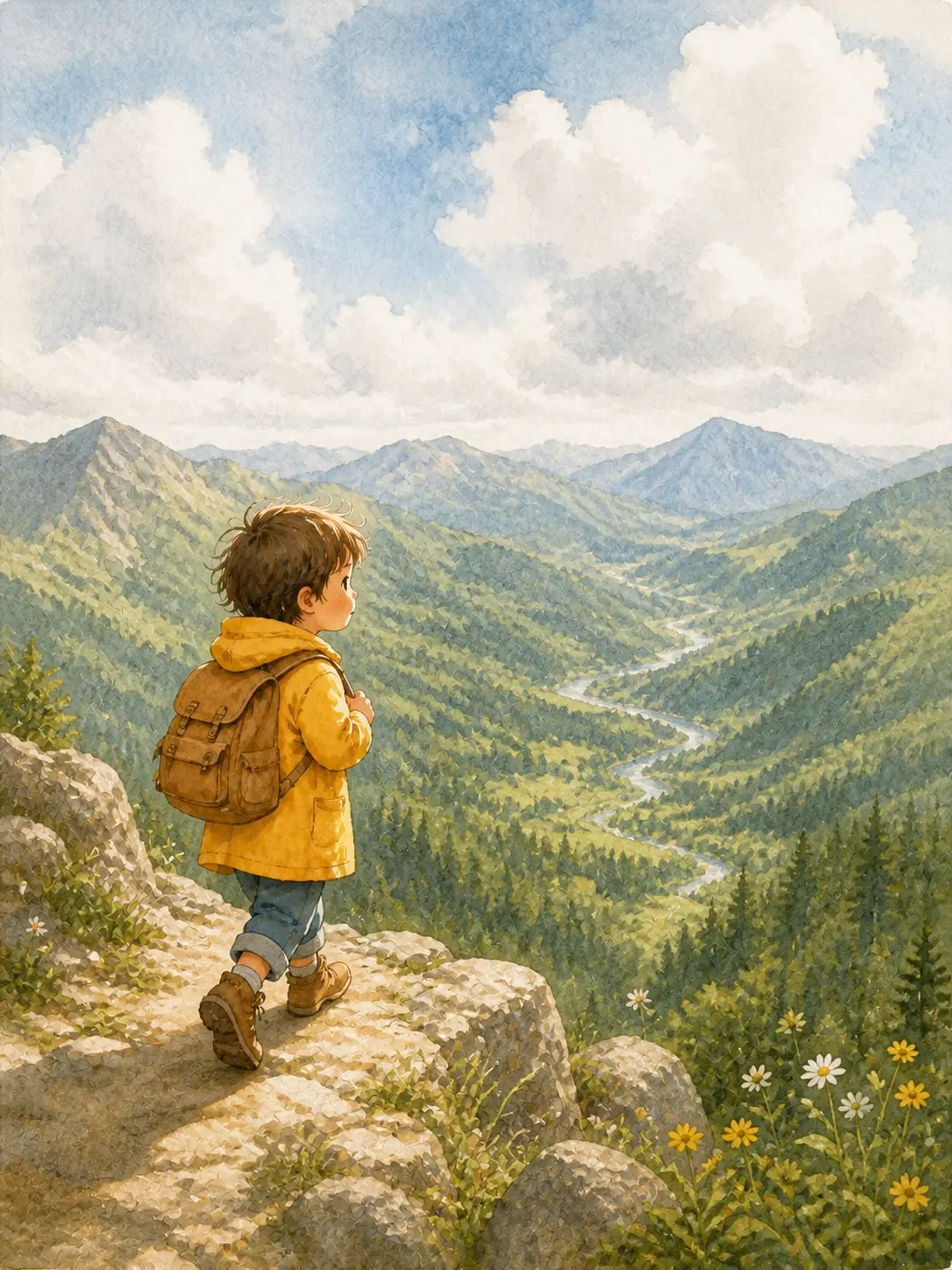 Illustrated story scene of the same explorer looking out over a mountain valley