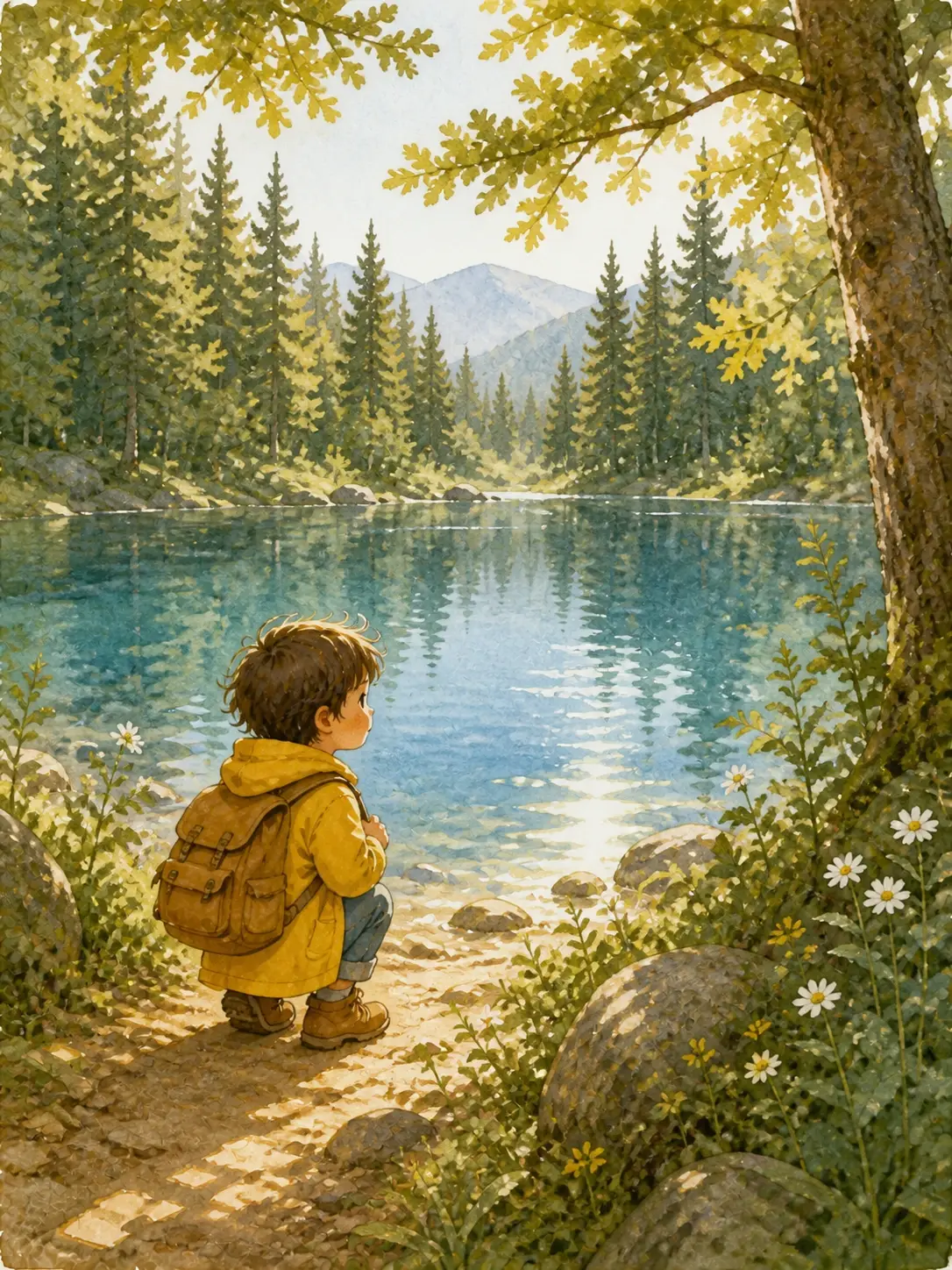 Illustrated story scene of the explorer discovering a hidden lake