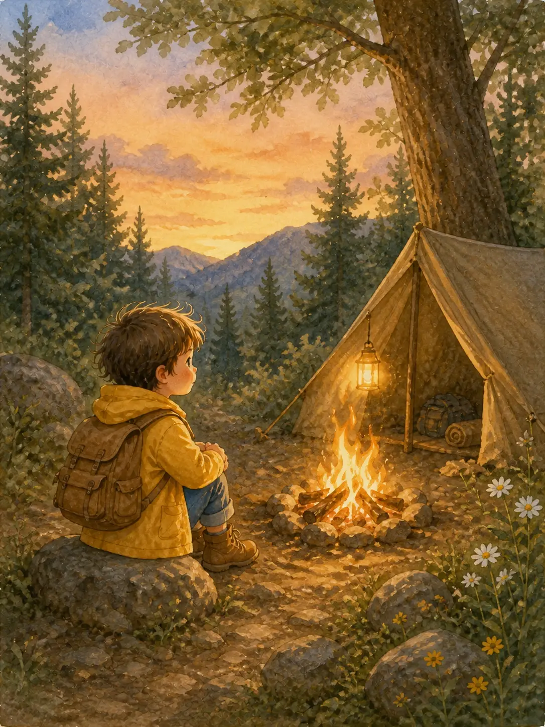 Illustrated story scene of the explorer sitting by a campfire at dusk